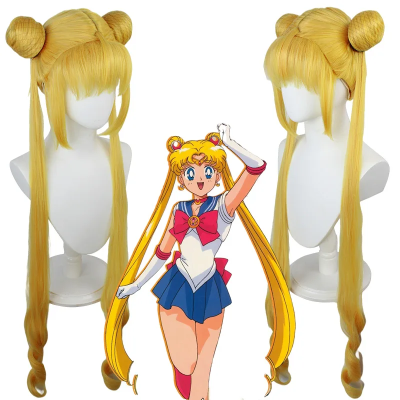 

New Sailor Moon Tsukino Usagi Long Curly Blonde Double Ponytail Synthetic Cosplay Wig For Girl's Costume Party Wig + Wig Cap