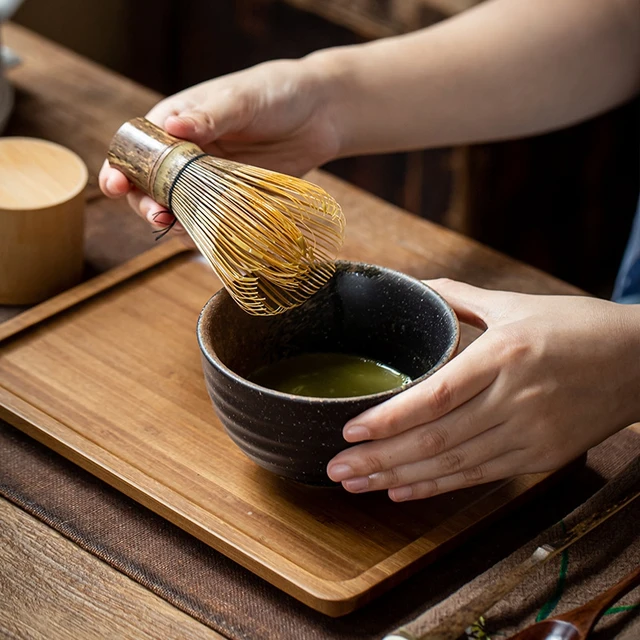 Cuenco de cerámica para ceremonia del té, cuchara de bambú para té