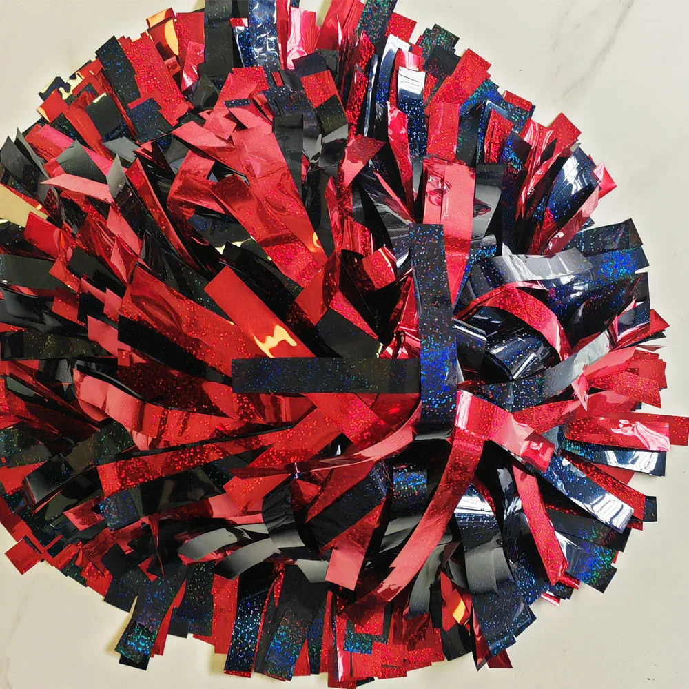 Professional Cheerleader Pom Pom,baton handle,Metallic red mix holographic silver, size and color