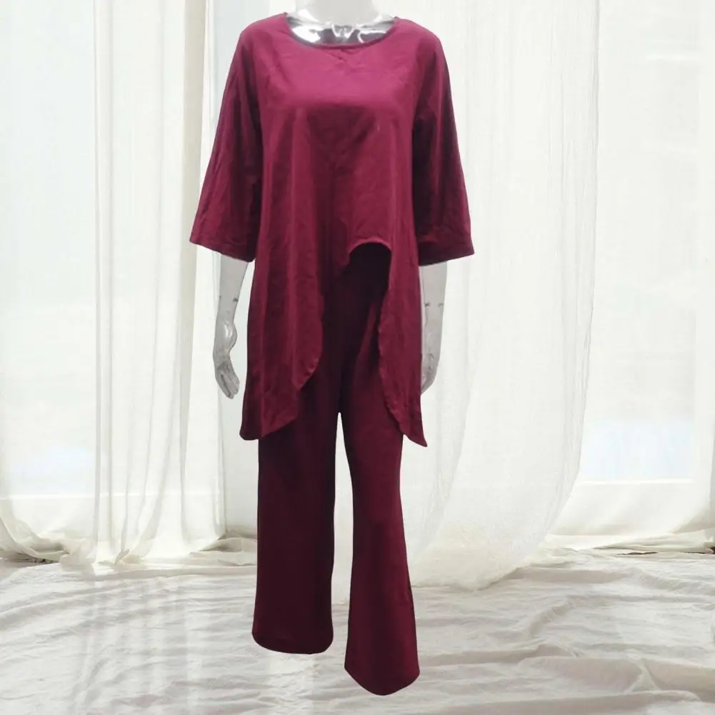 Lady Daily Clothes Stylish Women's Streetwear Trendy 2-piece Set with Split Hem Top Wide Leg Trousers Ripped Edge Details Women
