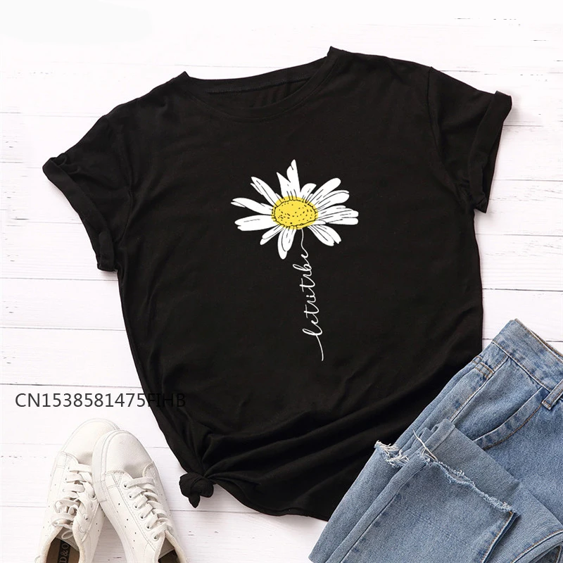 

XS-4XL Summer T Shirt Cute Daisy Print T-Shirt Soft Premium Women Tshirts Crew Neck Short Sleeve Tee Oversized Black Tops