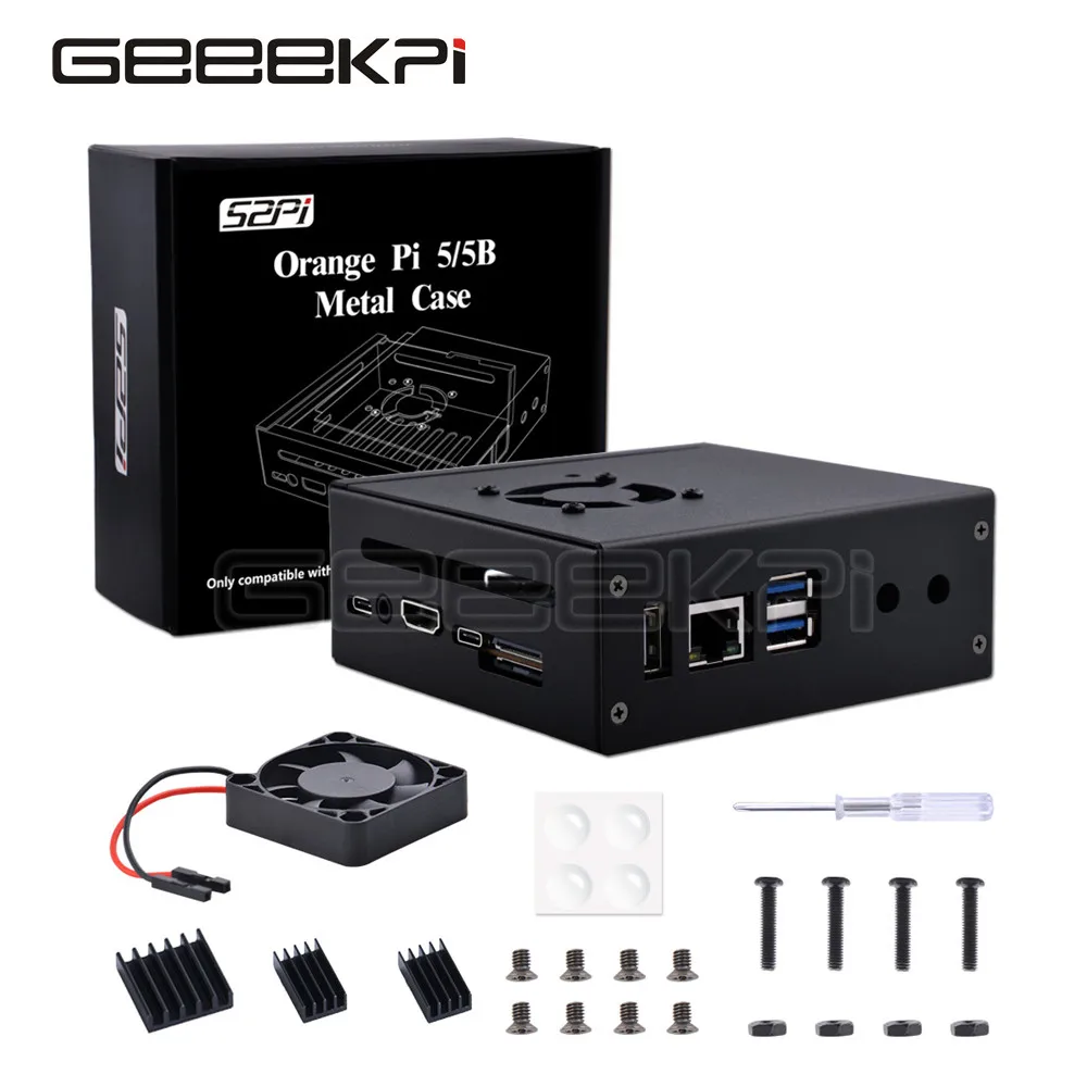 Geeekpi-laranja pi 5b Caixa de Metal Gabinete Casca de Ferro com Ventilador Dissipadores Suporta 2280 Ssd