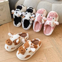 Women's Winter Warm Cartoon Cow Slippers Closed Toe Non Slip Furry House Shoes Women Indoor Bedroom Thick Sole Plush Slippers - Image 4