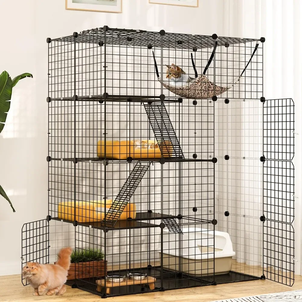 

4-Tier Indoor Cat Enclosure with Hammock - Large Metal Wire Playpen Kennel for 1-3 Cats