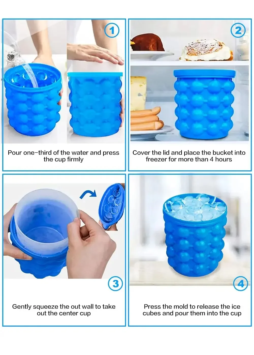 Ice Cube Mold Ice Tray Large Silicone Bucket (2-In-1) Cube Maker Circular Portable (Dark Blue) Suitable For Summer