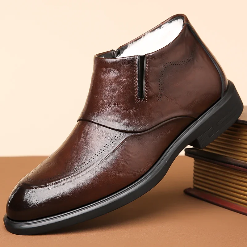 

WInter Plush High Top Shoes Luxury High Quality Genuine Leather Men Business Dress Shoes Black Casual Social Shoe Male Footwear