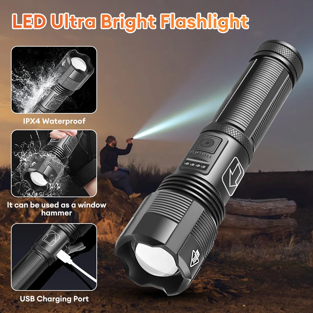 

10000LM Hight Power XHP70 LED Flashlight 500M Long Range Spotlight Zoom Torch Rechargeable Camping Lamp Outdoor Emergency lamp