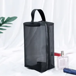 Transparent Foldable Toiletry Bag - Washable, Breathable, Large Capacity Travel Makeup Organizer (Black with Belt)