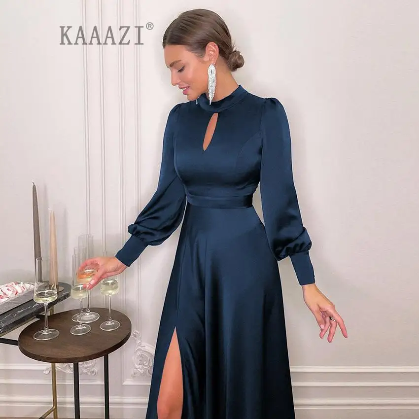 

KAAAZI Fashion New Women Split Long Dress Hollow Out Midi Dress Elegant Long Sleeve Office Ladies Solid Long Dress Vestidos