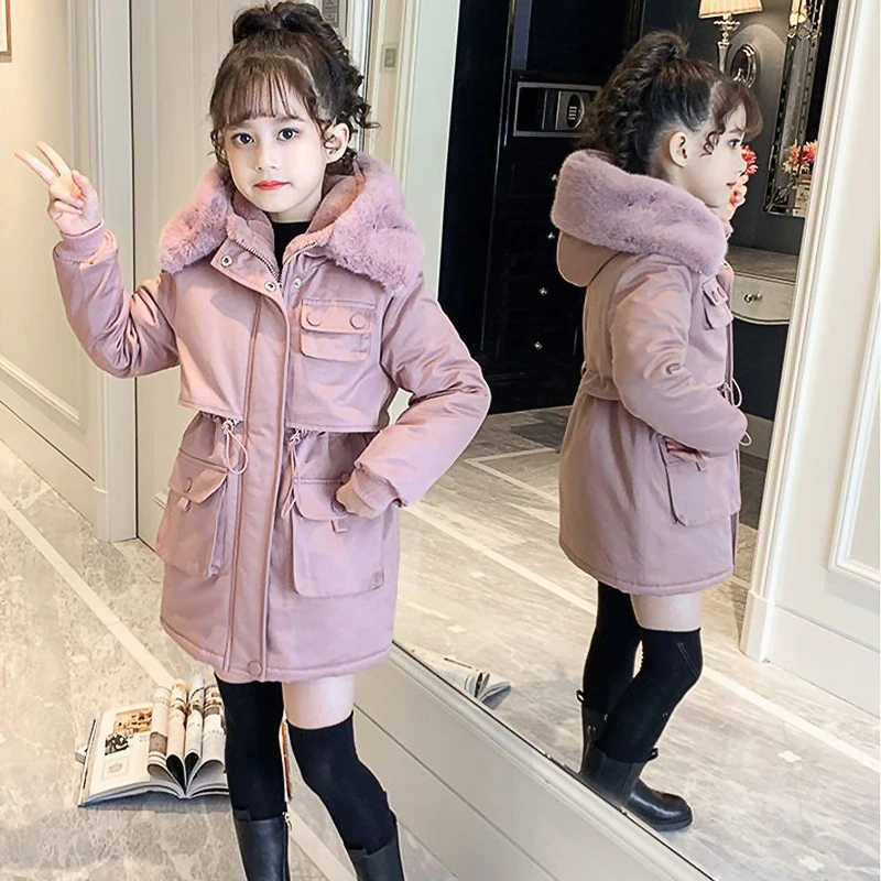 الفتيات الشتاء الدافئة أفخم سترة 5-14Y الرباط الخصر مقنعين معطف القطن مع الفراء طوق يندبروف معطف ملابس خارجية للأطفال