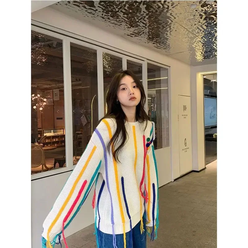 

Colorful Striped Oversize Lazy and Trendy Sweaters for Women in Autumn and Winter Tassel Knit Design Loose Fitting Couple Top