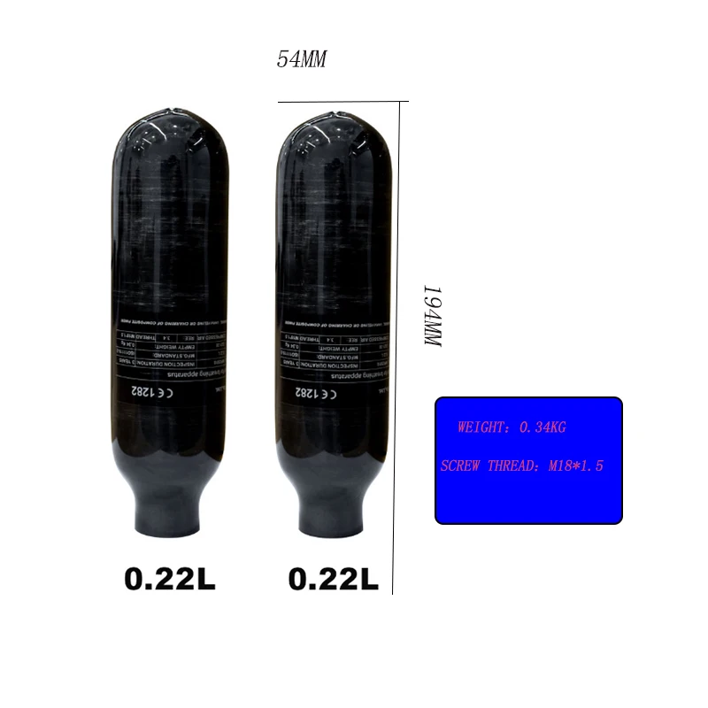 Цилиндр для дайвинга из углеродного волокна высокого давления 0.22L 220cc 4500psi Air Цилиндрическая резьба M18 * 1,5