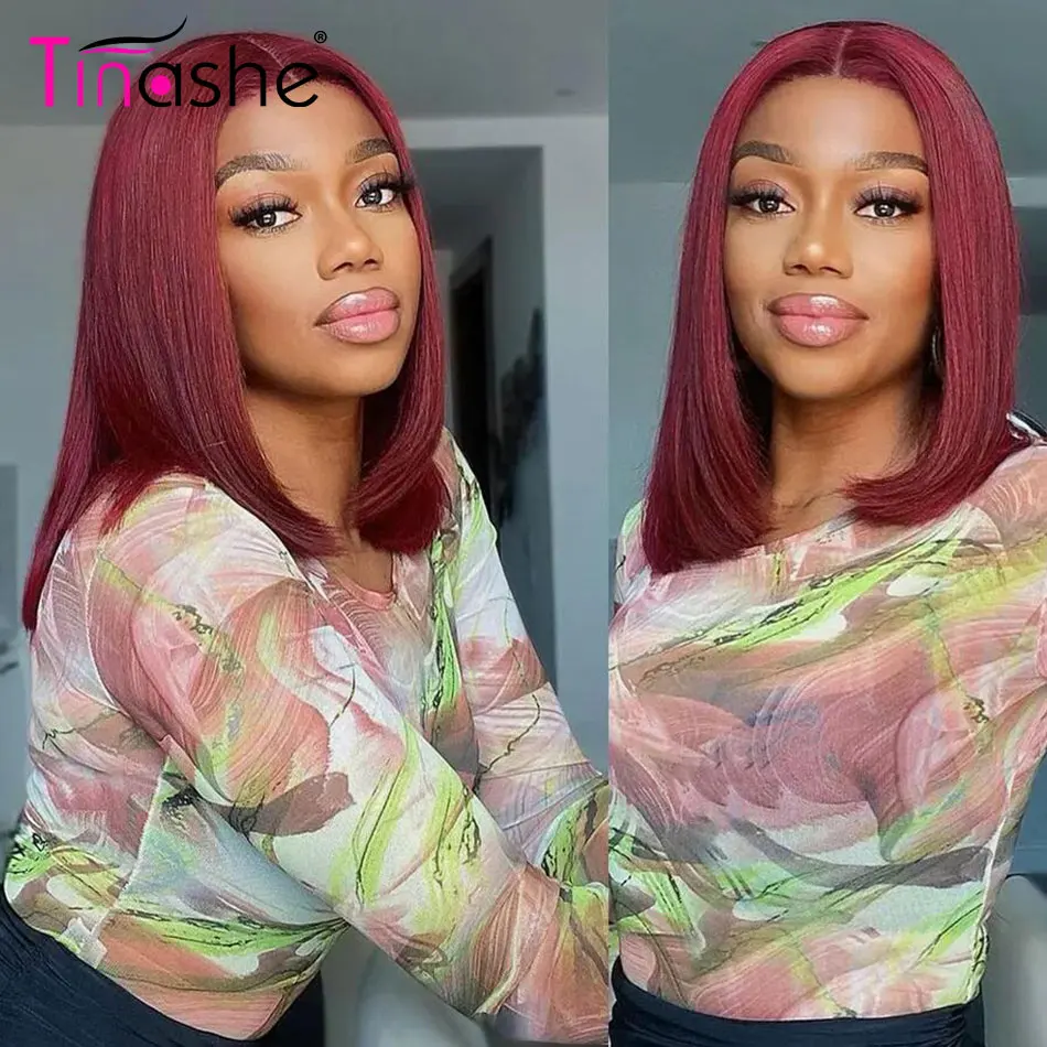 Tinashe 99j Burgundy Straight Bob Wig Glueless 6&times;5 Pre-Cut HD Lace Wig Pre Bleached Wear & Go Short Bob Human Hair Wigs