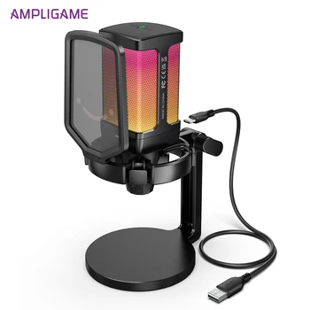 Microfono USB da Gaming AmpliGame con Cancellazione del Rumore, Microfono RGB con Muto Rapido, Manopola di Regolazione del Guadagno per Streaming, PC, Laptop, PS4/5, Mobile-Q6