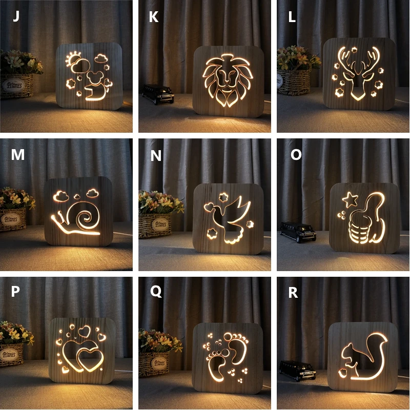 Wooden Craft USB Night Light Creative Dog Paw Cat Deer 3D Hollow Animal Children\'s room Bedside Decoration Table Lamp Kids Gift