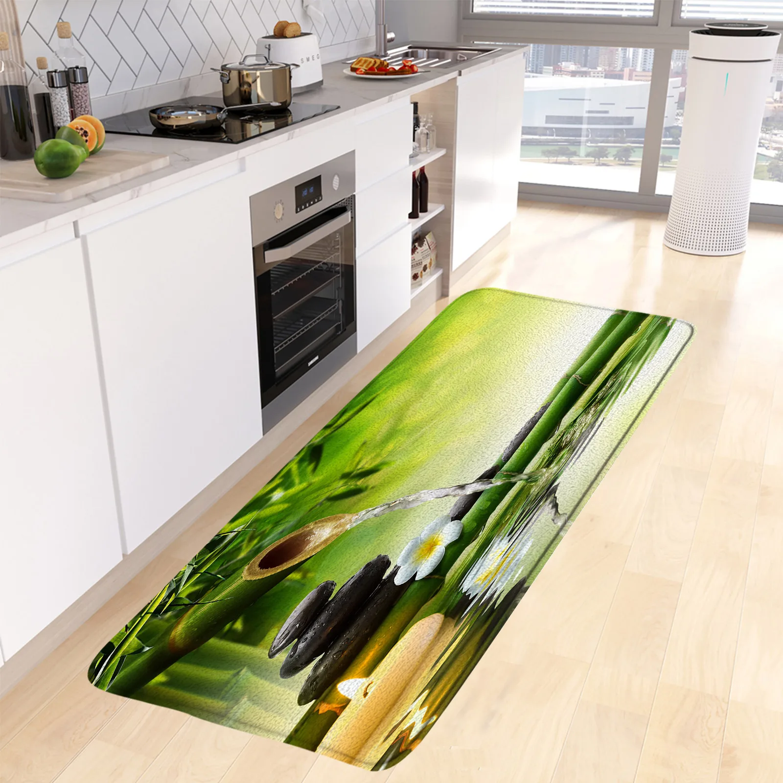 Zen Kitchen Mat S Green Bamboo Flowing Water Black Stone Spa Nature Scenery Camera Da Letto Tappeto Lungo Decorazioni Per La Casa Tappeto Antiscivolo 