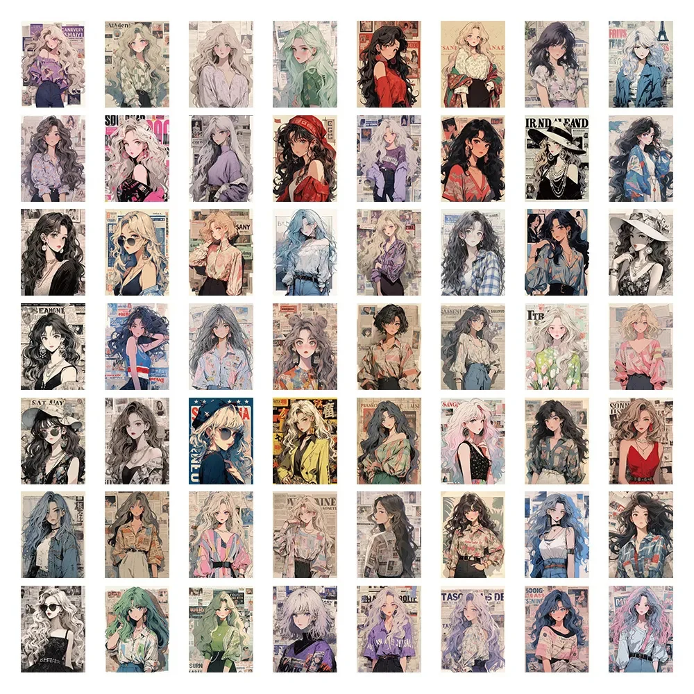 Pack of Vintage Anime Girls Waterproof Stickers – Decorative Retro Kawaii Decals for Laptop, Stationery, and Diary