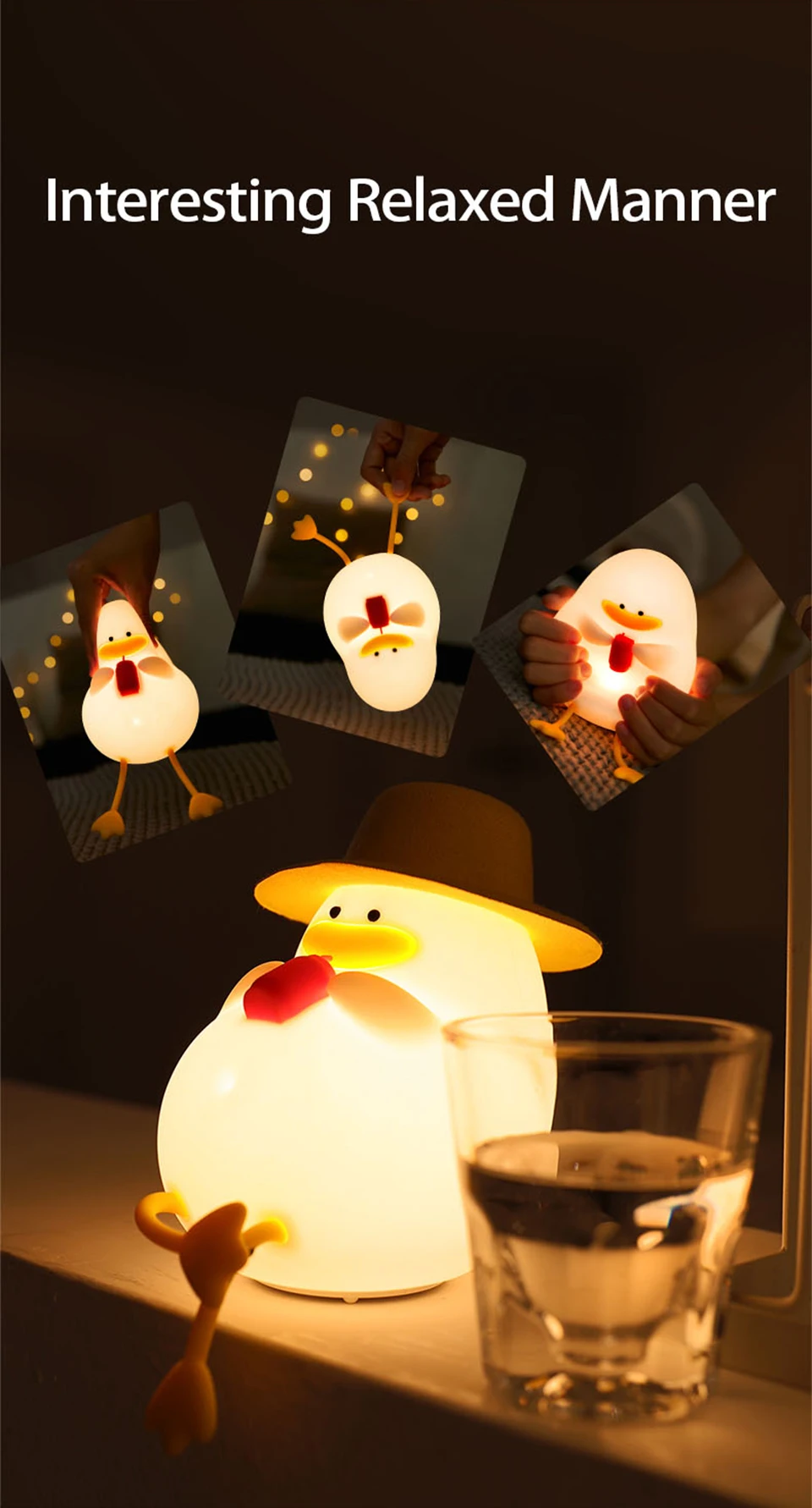 Cute Kids Happy Duck Night Light USB Rechargeable Lamp Silicone Pating Lamp Color Changing for Baby Bedside Room Home Decor Gift