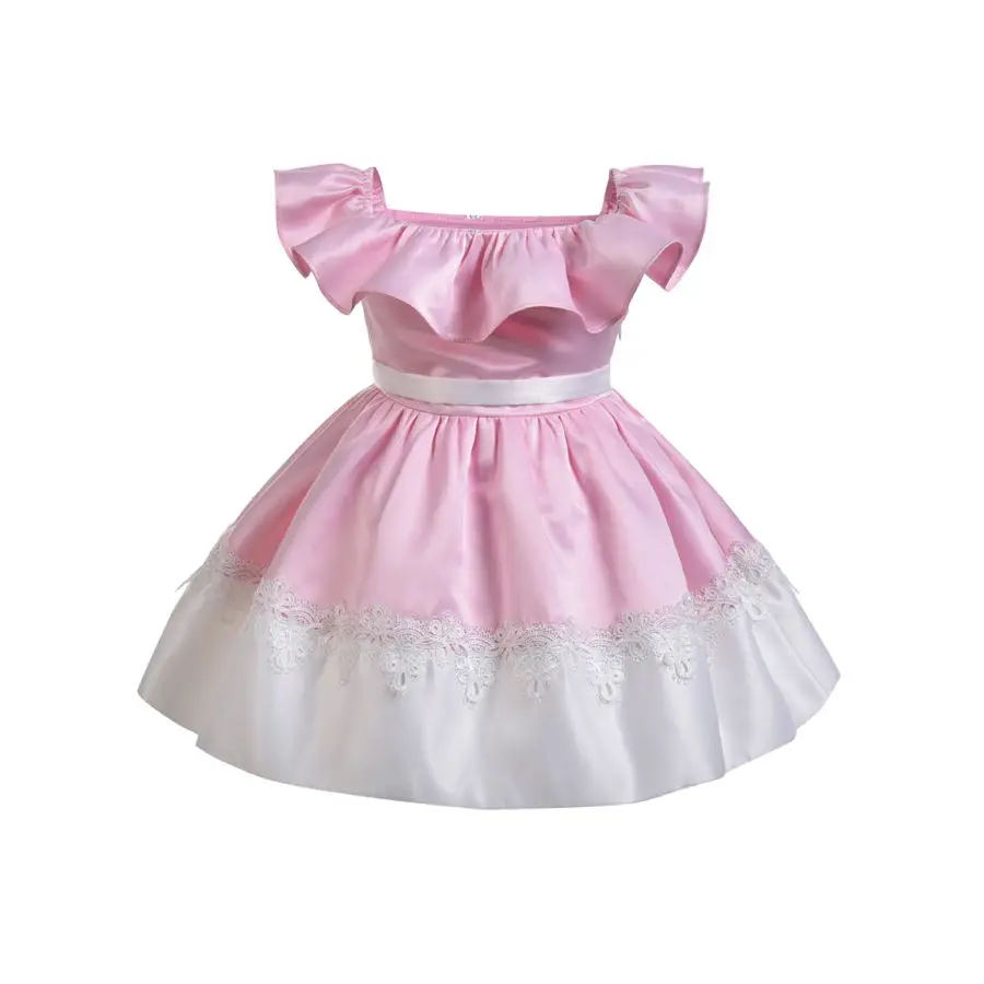 

Girls' dress with square neck and fly sleeves, solid color, simple and fashionable A-line dress