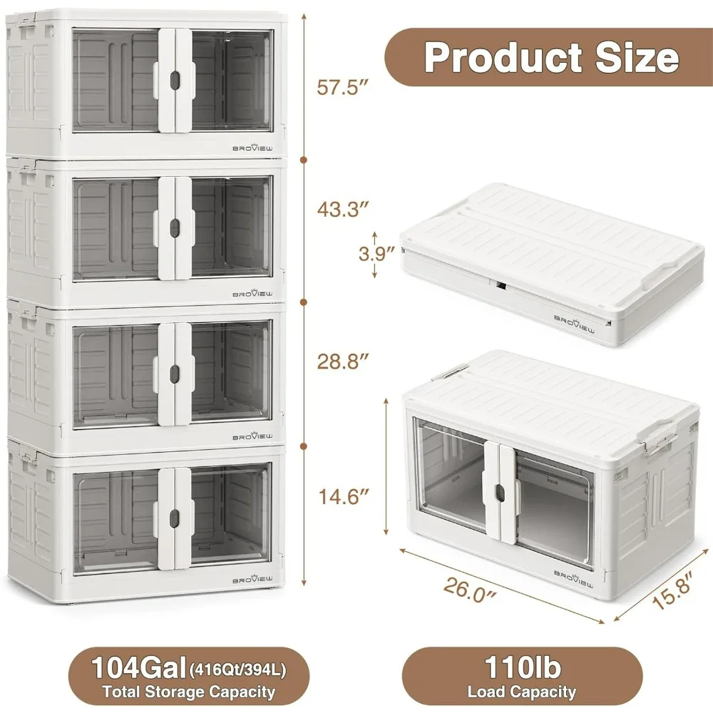 4 Pack Stackable Storage Bins , Plastic Collapsible Storage Bins with Lids and Wheels, Folding Box for Home Dorm