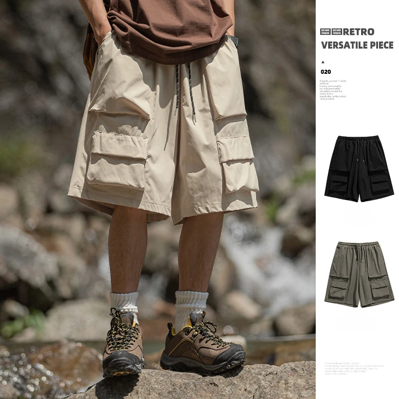 Outdoor three-dimensional large pocket workwear shorts, straight tube loose casual capris gym shorts men