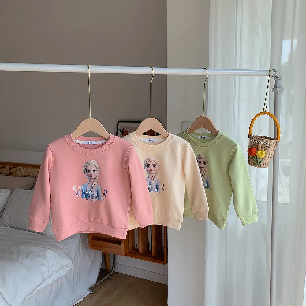 

Casual Children's Cotton Sweatshirt 2023 Autumn Spring New Kids 2-11 Years Girls Disney Elsa Print Long Sleeve Pullover Top