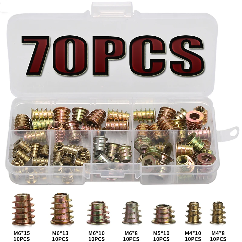 

70Pcs/Set M4*8/10/M5*10/M6*8/10/13/15 Zinc Alloy Thread For Wood Insert Nut Flanged Hex Drive Head Furniture Nuts Assortment Kit