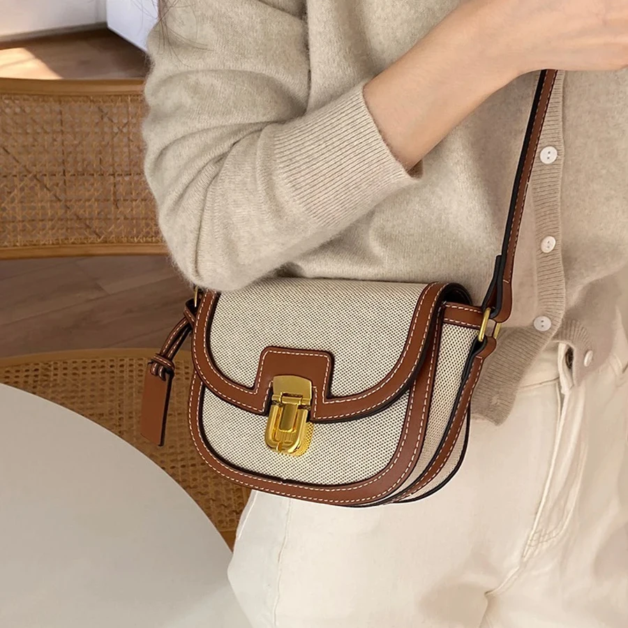 Piccola borsa a tracolla con pannello a contrasto in tela retrò, con una spalla, borsa a tracolla, borsa da sella, borsa da donna, portafoglio vintage_voghion.com
