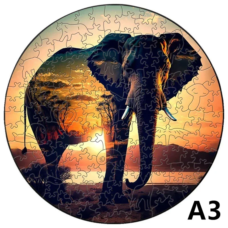 Round Wooden Animal Jigsaw Puzzle - Elephant & Wolf Design - Educational Toy & Festival Gift