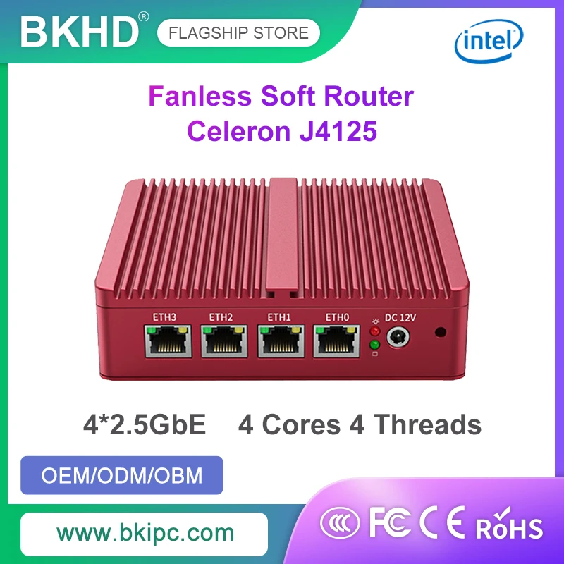 

BKHD Commercial Customized Soft Router G30 Red Celeron J4125 Fanless Firewall 4x1G/2.5GbE MikrotikOS Pfsense OpenVPN Sophos FW