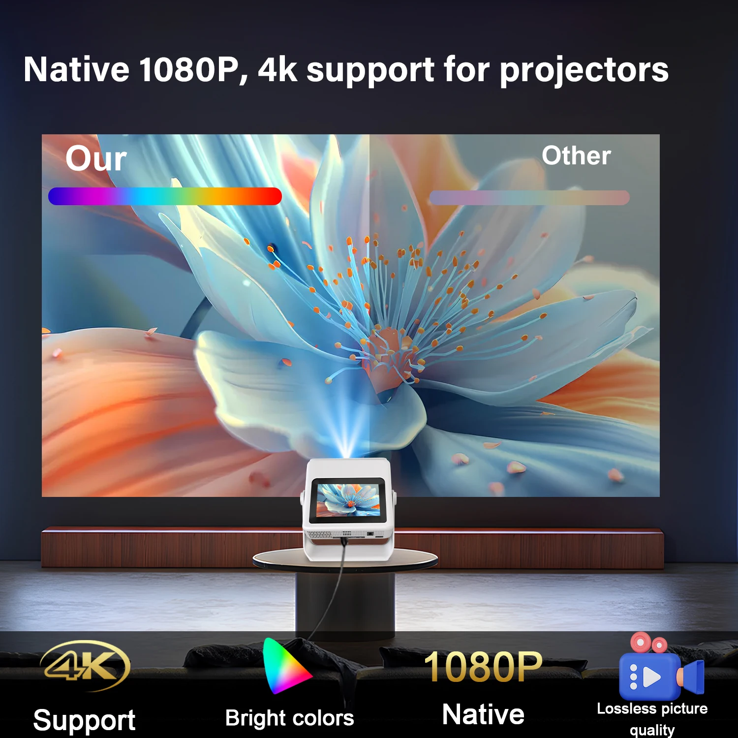 스마트 3-in-1 프로젝터 태블릿 스피커 7인치 1080P 4K 자동 초점 180도 ° 안드로이드 12 WiFi BT HDMI 휴대용 기기 회전