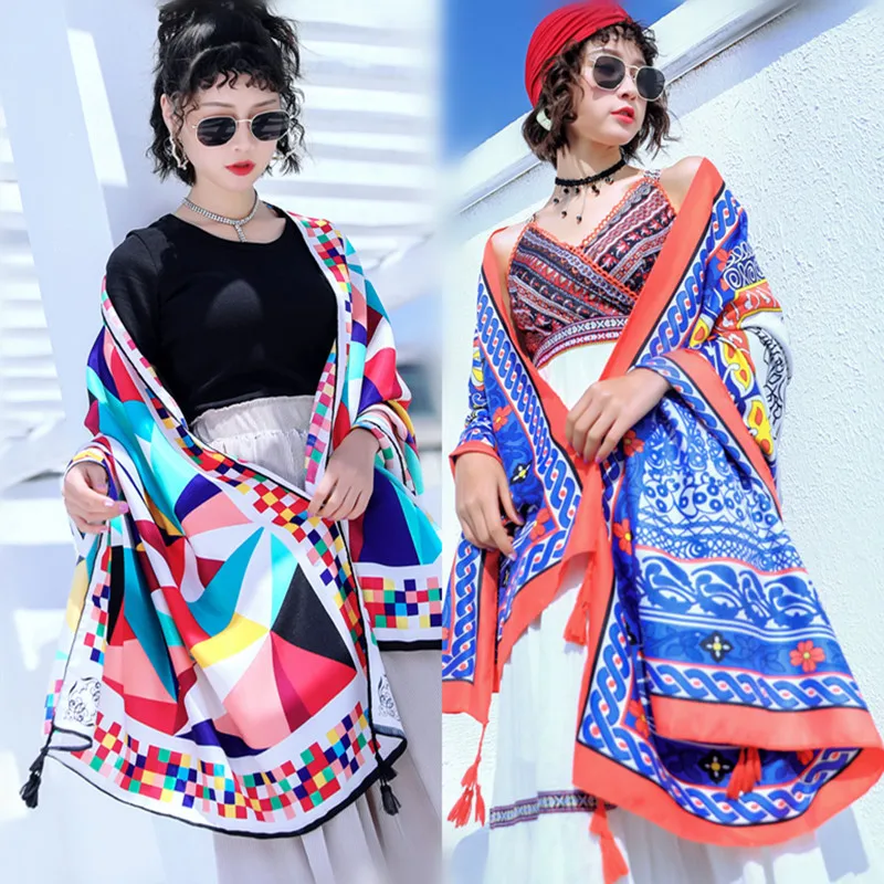 Spanish Ethinic Hijab Scarf Summer Women Viscose Beach Shawl Tassel Fringe Fashion Ladies Sun Protection Cotton Linen Pashmina 2023 new spring silk floral scarf for women fashion ladies shawls flower print multi color pashmina brand plus size scarves