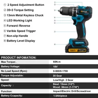 Perceuse à percussion électrique sans fil Gisam 13 mm 35+3 Torque Brushless, visseuse électrique, outil électrique compatible avec batterie Makita 18V 5