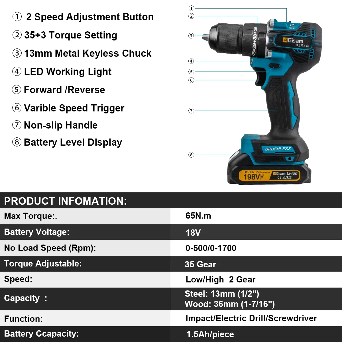 Gisam 13mm 35+3 Torque Brushless Electric Impact Drill Cordless Drill Electric Screwdriver Power Tools For Makita 18V Battery 4