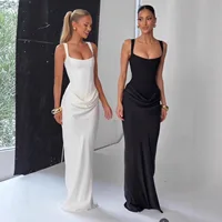 CHNMR Robe longue sexy dos nu froncée pour femme, col en U, sans manches, moulante, noire, pour soirée 4