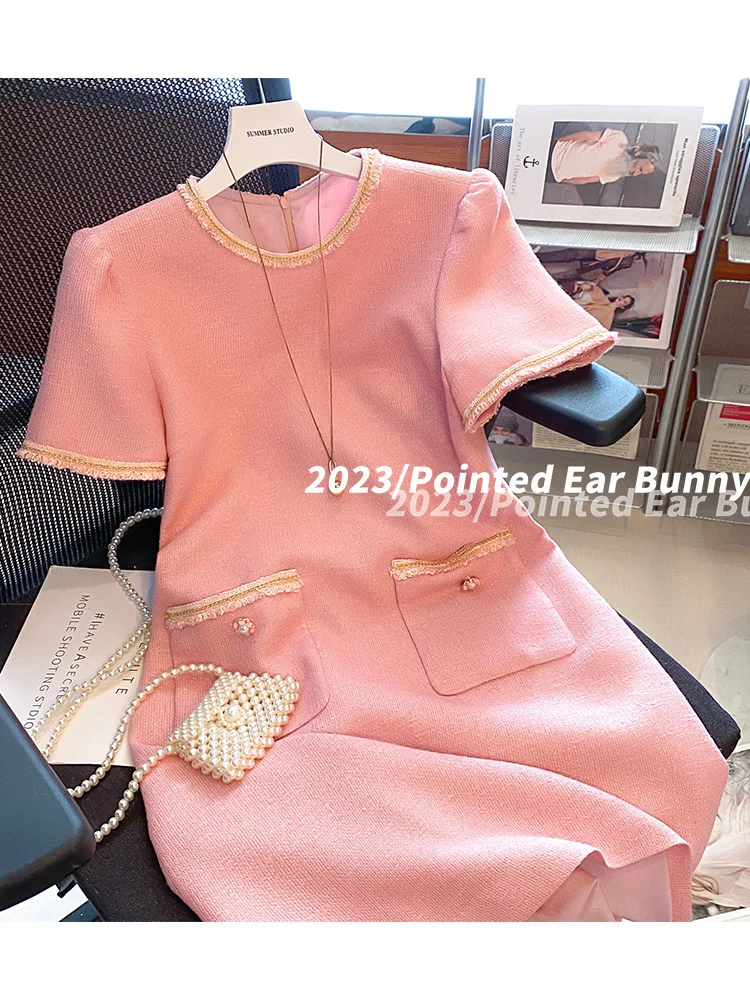 

Xiaoxiangfeng Temperament Celebrity Pink Dress Women's Advanced Sense 2023 New Summer Short Sleeve Gentle Style Skirt