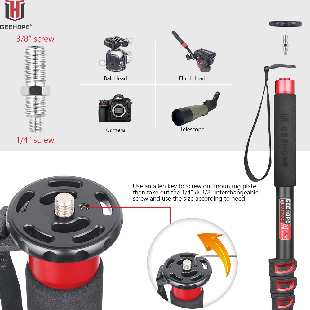Geehope-professional Video Câmera Stand Alumínio Liga Monopé Seção Leg Fit para Canon Nikon Gopro Dslr Camcorder U270a U370a - Image 6