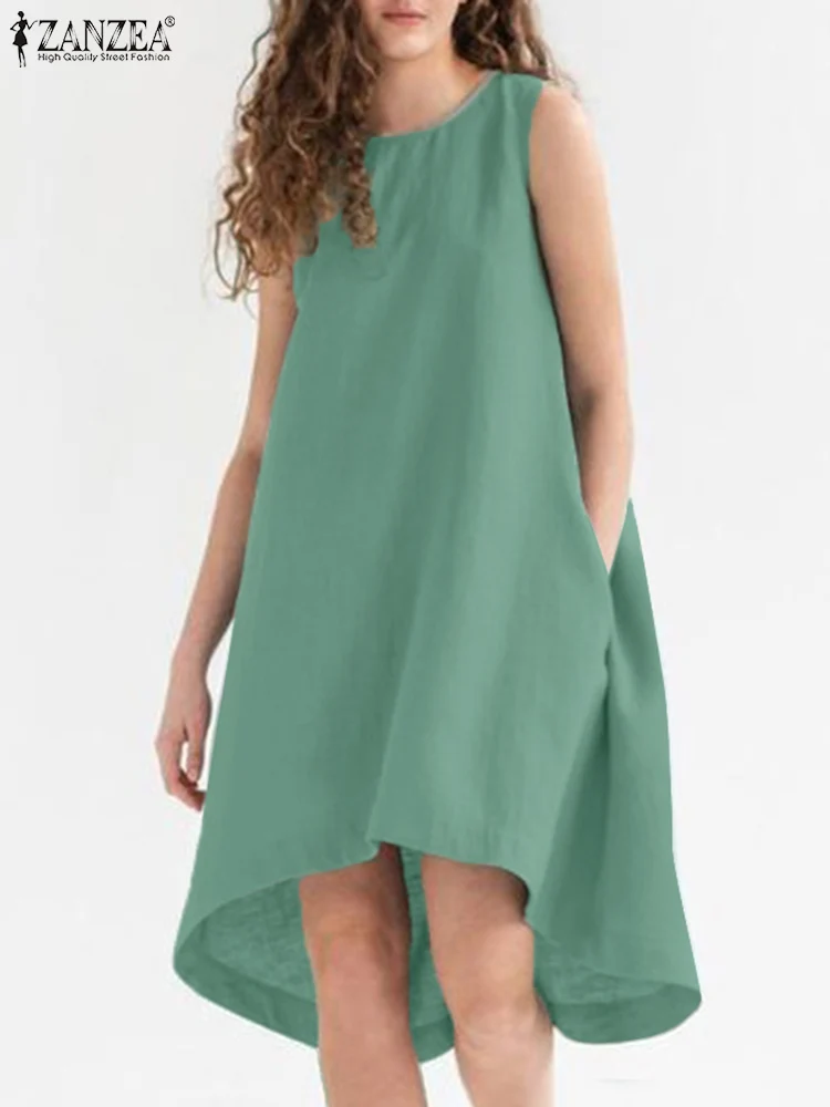 

Платье ZANZEA женское асимметричное хлопковое средней длины, элегантный повседневный Однотонный сарафан без рукавов, с круглым вырезом, лето 2024