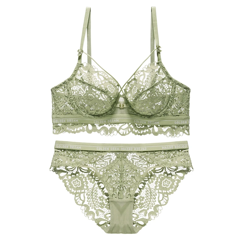 Bra Sets Transparent For Women Strappy Style Stretchy Underband Lace Trim Decoration Underwire Green Underwear Set Sexy Lingerie