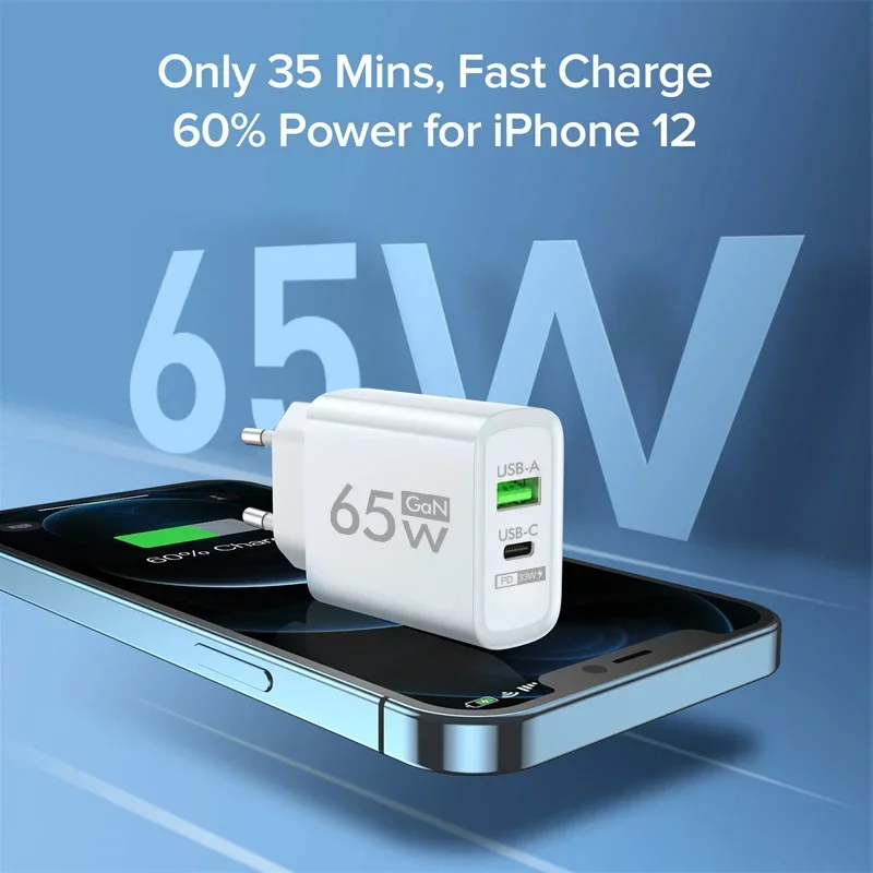 65W GaN USB Charger Quick Charge 3.0 Type C Mobile Phone Adapter For iPhone 15 14 Xiaomi 15 Samsung Fast Charging Wall Charger