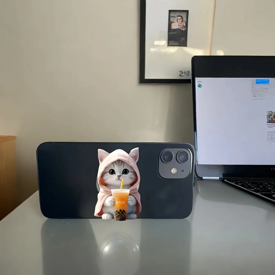 1pc Cute Bubble Tea Cat Phone Stand for iPhone 17-12 Acrylic Portable Mobile Holder Expanding Folding Grip Holder Ring Finger