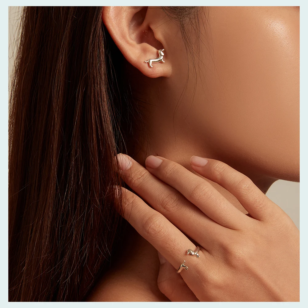 WOSTU 925 Sterling Silver Cute Dachshund Dog Adjustable Rings Stud Earrings Original Girl Lovely Pet Jewelry Set Birthday Gift 2