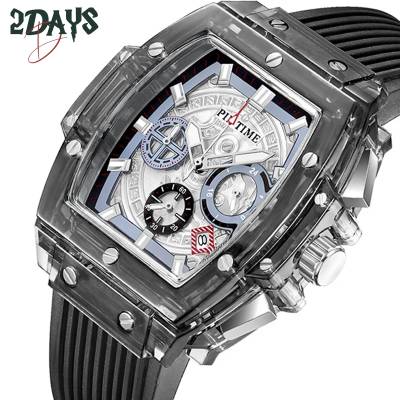 

PINTIME Transparent Quartz Watch Men Fashion Silicone Strap Watch Black Skeleton Luxury Military Clock Chronograph montre homme