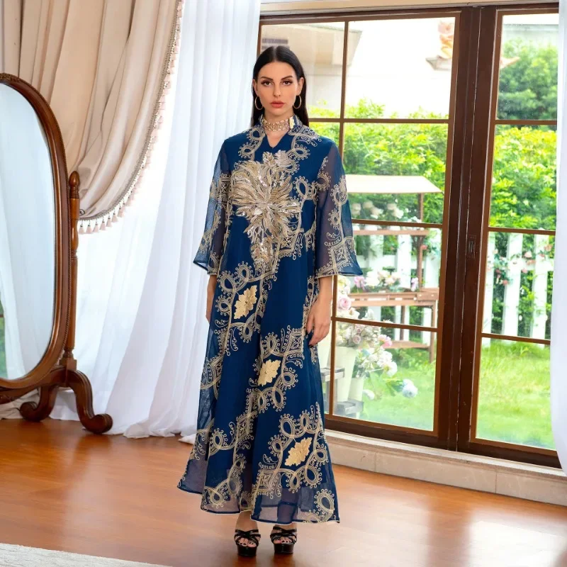 Ethnic Style Women Sequin Burnt Flower Evening Dress Big Swing Dress Vestidos Elegantes Para Mujer Muslim Dresses for Women