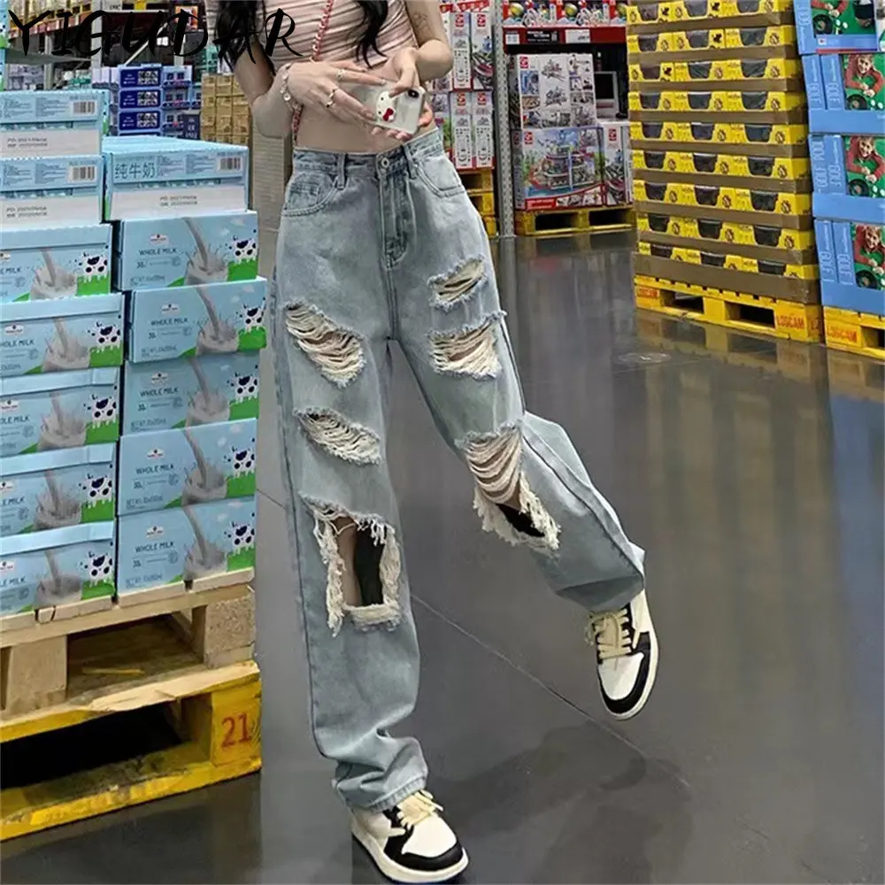 

American Retro Perforated Women Jeans Y2K Korean Version Loose Slim Straight Leg Pants 2023 Summer Women Casual Wide Leg Pants
