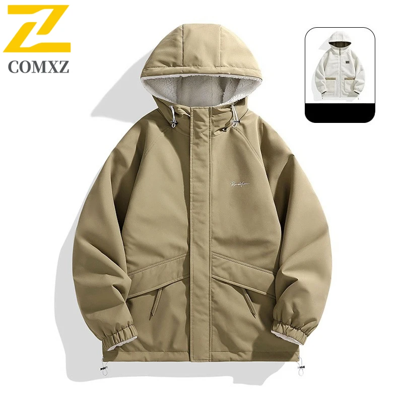 COMXZ Men Reversible Sherpa Jacket Waterproof Windproof Mountain Climbing Coat Winter Thickened Fleece Outdoor Sports Hood Parka