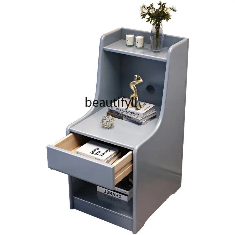 

Bedside Table Solid Wood Small Apartment Ultra Narrow Bedside Cabinet Light Luxury Multi-Functional Storage Gap Cabinet