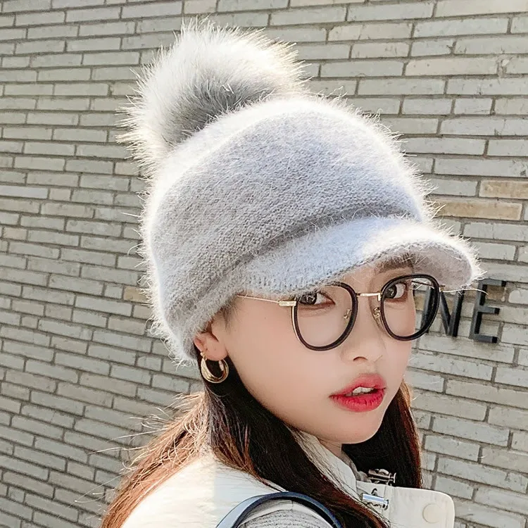Winter Warm Baseball Cap Women Thick Warm Fuzzy Knit Beanie Cap with Visor Bill Cute Pompom Cold Weather Windproof Baseball Hat 6