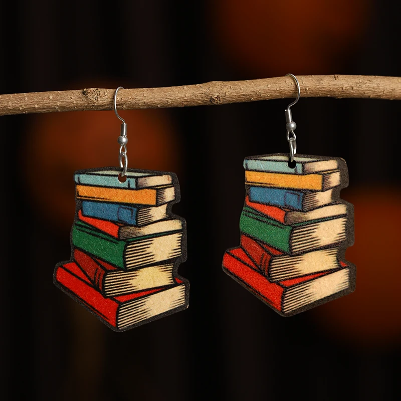 Stud Earrings Dangle Earrings Love Textbook Double Sided Wooden Ear Ring Teacher Student Graduation Gift Book Color Digital Learning Tool