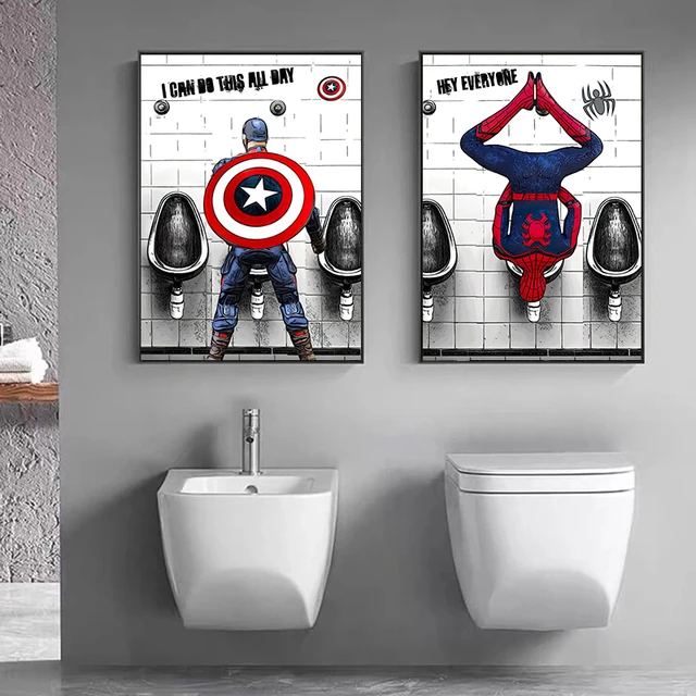 Affiche de peinture Spiderman drôle, appareil photo dans les toilettes,  décor de salle de bain, décoration de salle de bain, Art mural de maison